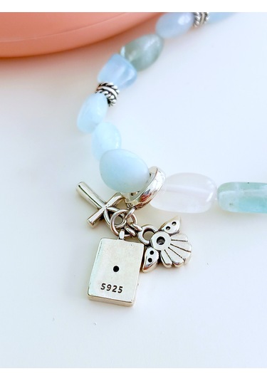 18 Ayar Altın Kaplama Ank Haç Tasarım Aqua Marın Doğal Taşlı Gümüş Kadın Bileklik Doğum Günü Hediye Gümüş