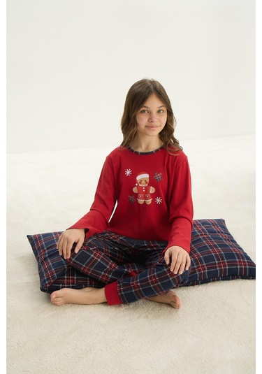 Kız Çocuk Garson Uzun Kol Kırmızı Pijama Takım C4t4n7o8 001