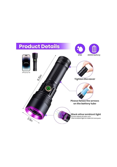 20w 365nm Profesyonel Güçlü Mor Uv Işık El Feneri Evcil Hayvan İd