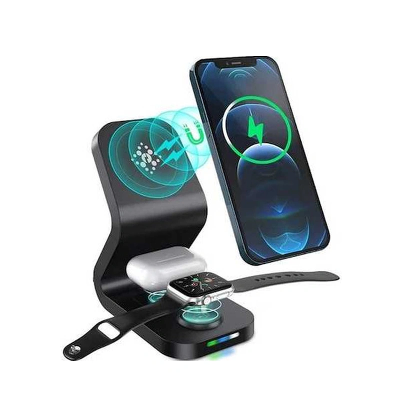Fastbuy 3'lü Manyetik Kablosuz Şarj Aleti Magsafe Uyumlu İphone, Watch, Airpods İçin Standlı 15w Hızlı Şarj Cihazı