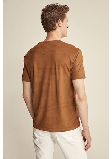 Grimelange ENZO Kahverengi Suet Erkek Basic Slim Fit T-shirt