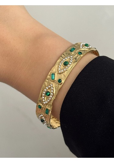Gold Vintage Yeşil Taşlı Göz Çelik Kelepçe Bileklik Gold