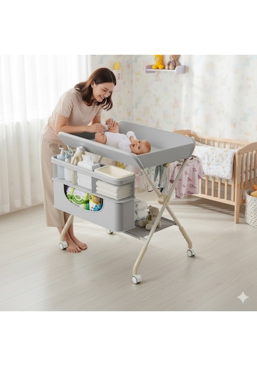 Portatif Bebek Alt Değiştirme Bakım Masası Sepetli Organizer Katlanabilir Taşınabilir İstasyon Tekerlekli Askılık Gri Portatif Bebek Alt Değiştirme Bakım Masası Sepetli Organizer Katlanabilir Taşınabilir İstasyon Tekerlekli Askılık Gri