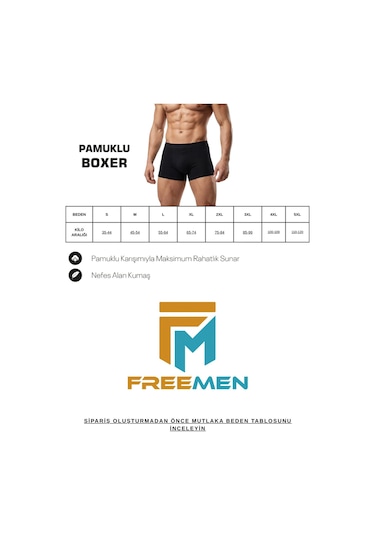 Freemen Erkek 10 Lu Pamuklu Slim Fit Boxer Seti Geniş Beden Aralığı Siyah