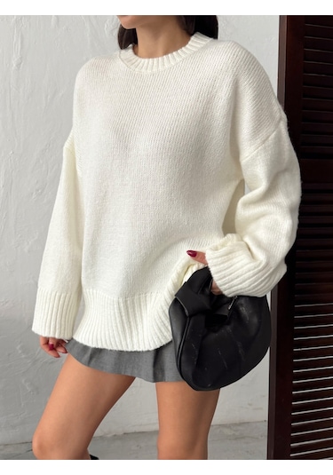 Kadın Yumuşak Dokulu Bisiklet Yaka Oversize Basic Triko Kazak Ekru