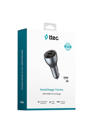 Ttec Smartcharger Trio Pd 130w Araç Hızlı Şarj Aleti 2 Usb-c+usb- Gri