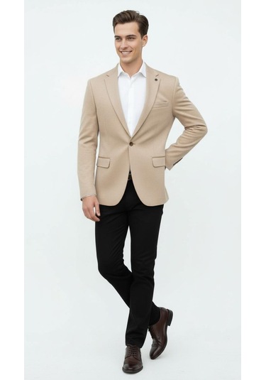 Plus Scorpion Bej Erkek İtalyan Kesim Blazer Ceket Kol Yamali, Slim Fit, Şık Ve Modern Tasarım Bej