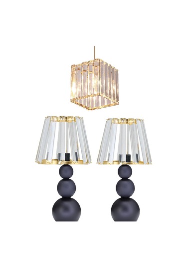 3 Adet Aydınlatma Seti 1 Adet Avize 2 Adet Abajur Cam Başlık Kristal