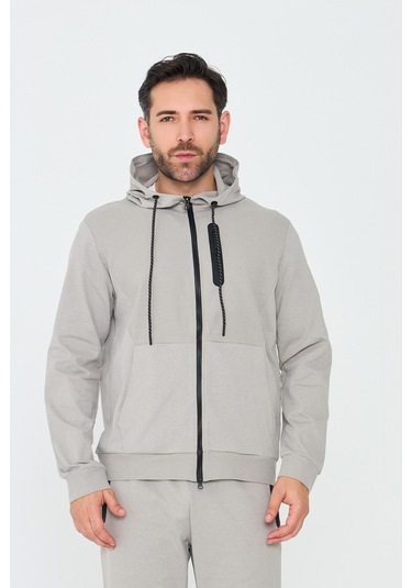 White Stone Bej Kapüşonlu Fermuarlı Erkek Sweatshirt Khaık