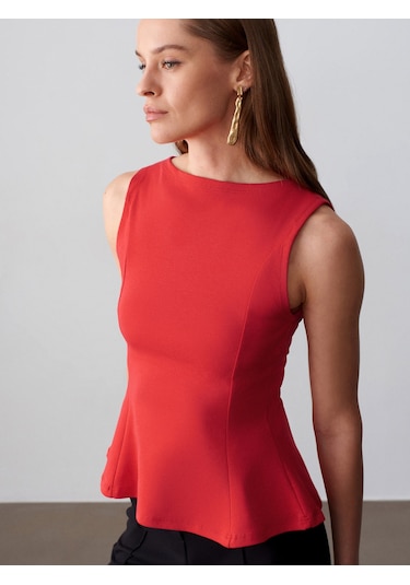 Dilvin 21001 Kayık Yaka Peplum Top-kırmızı