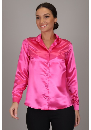 Sweetness Kadın Fuşya Saten Uzun Kol Abiye Gömlek Fuşya