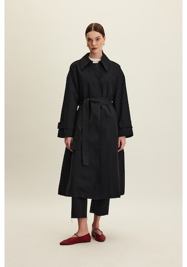 Kemerli Oversize Gabardin Trençkot Siyah Siyah