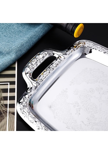 Wezone Stokta Çelik Tepsiler: Gümüş Kenarli Dikdörtgen Masaüstü Meyve-atıştırmalık Servis Ve Saklama Tabağı 40x23cm Diğer