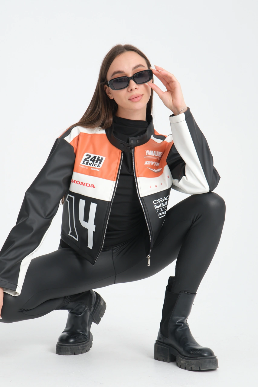 Kadın Oversize Baskılı Deri Şeritli Motorcu Montu Garnili Fermuarlı Yarışçı Ceketi Bomber Kolej Mont Oranj