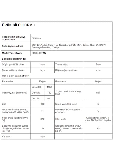 Siemens KD76NXIE1N 542 L No Frost Üstten Dolduruculu Buzdolabı