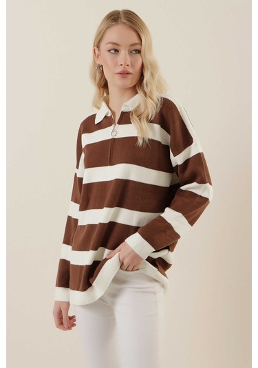 Gabria Fermuarlı Çizgili Kazak Kahverengi