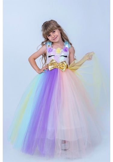 Uzun Unicorn Kasnaklı Kız Çocuk Parti Elbisesi