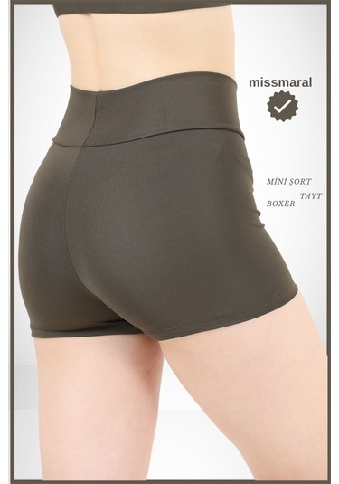 Kadın Haki Yüksek Bel Toparlayıcı İç Göstermeyen Boxer Şort Deniz, Havuz & Günlük Kullanım İçin Haki