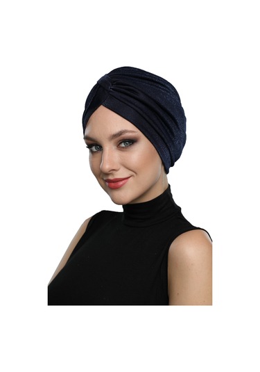 Simli Pike Çapraz Bantlı Astarlı Lacivert Hazır Türban Tesettür Bone Abiye Lacivert