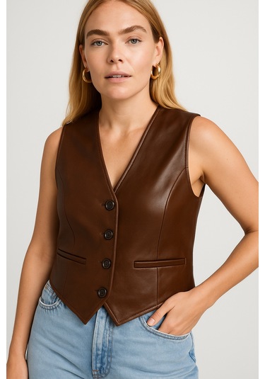 Hakiki Deri Kahverengi Kadın Yelek Kahverengi
