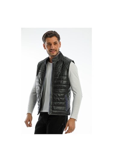 Dericlass Charles Siyah Hakiki Deri Yelek Erkek