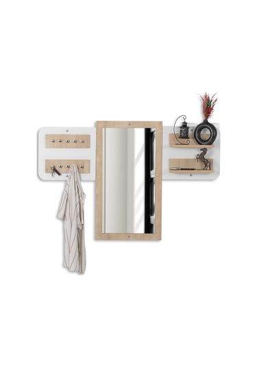 Elbise Askısı / Aynalı Askı / Dekoratif Askılık / Portmanto /duvar Askılık / Flora Dafne Beyaz - Meşe