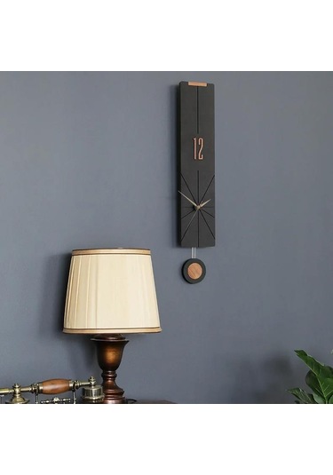 Cajuart Modern Uzun Ahşap Siyah Çarpraz Çizgili Sarkaçlı Duvar Saati