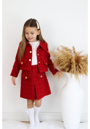 Kız Çocuk Carmen Kırmızı Tüvit Uzun Kollu Düğmeli Etek Ceket Takım Kırmızı