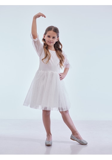 Ahengim Kız Çocuk Yıldız Baskılı Trend Tül Elbise Ak2246 Beyaz