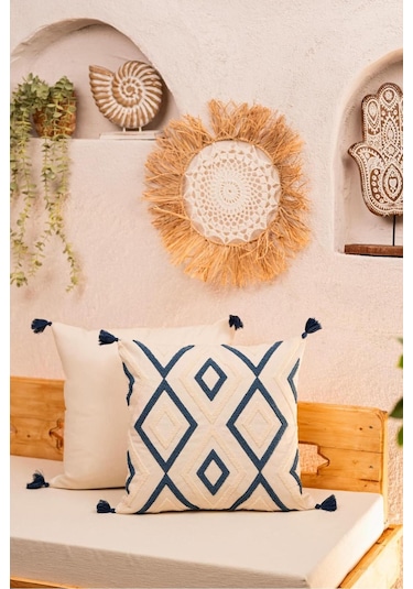 Bohem Elmas Desenli Püsküllü Kırlent Kılıfı Mavi