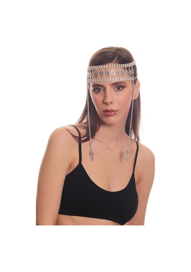 Labalaba Kadın Antik Gümüş Kaplama Zincirli Geniş Bant Tasarım Saç Zinciri Gümüş