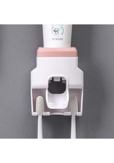 Pembe Hapythda Duvara Monte Diş Fırçası Tutucu Seti Otomatik Diş Macunu Dispenseri Su Geçirmez Banyo Aksesuarları Diş Macunu Sıkacağı Pembe