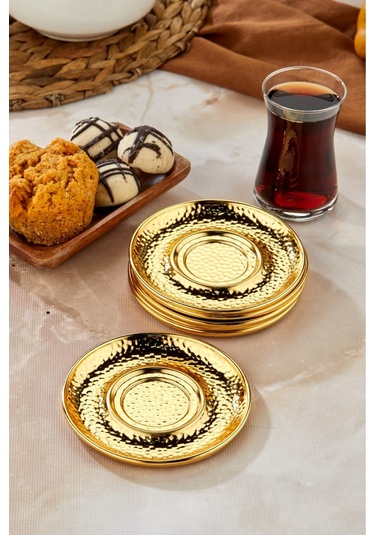 Cooker 6'lı Metal Dövme Desen Çay Tabağı Gold Ckr3577 Gold