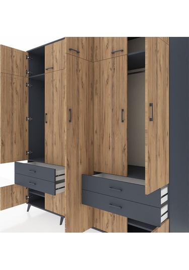 Kronos Dolap 12 Raflı 4 Çekmeceli 2 Askılı 220x59x243 Antrasit-çam/antrasit Atlas Çam/antrasıt