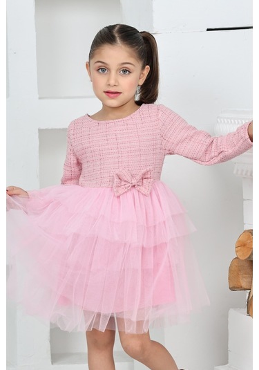 Kız Çocuk Çift Kat Tüllü Ve Fiyonklu Elbise 12172 Pembe