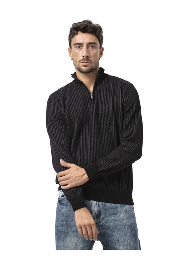 Cp286 Erkek Fermuarlı Triko Kazak Siyah