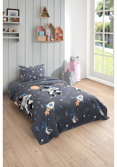 Gofret Detaylı Astronot Baskılı Çocuk-genç Odası Tek Kişilik Pike Gri