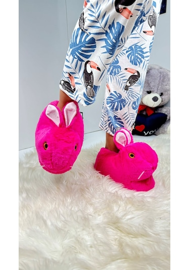 Kadın Panduf Tavşan Figürlü Peluş Ev Botu Desenli Düz Taban Rahat Hafif 359 Fuşya