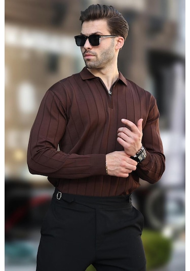 Madmext Kahverengi Polo Yaka Fermuarlı Örme Kazak 7242-kahverengi Kahverengi