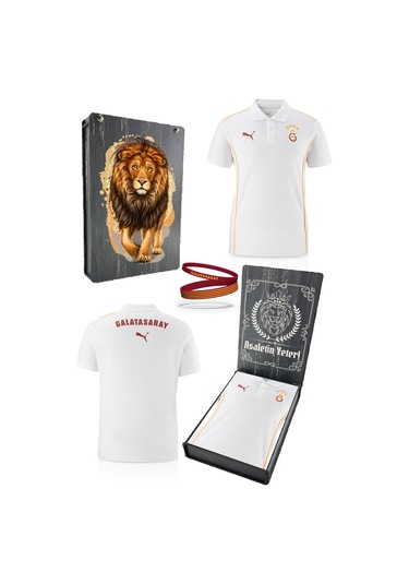 Galatasaray Lisanslı Polo Yaka Beyaz Antrenman T-shirt + Bileklik Set Hediyelik Ahşap Kutulu Beyaz - Bej - Gri