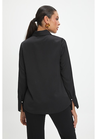 Kadın Taş Düğme Detaylı Gömlek - Siyah