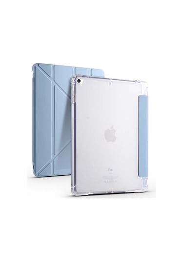 Kilifone - İpad Uyumlu İpad 9.7 2018 6.nesil - Kılıf Kalem Bölmeli Stand Olabilen Origami Tri Folding Tablet Kılıfı - Mavi