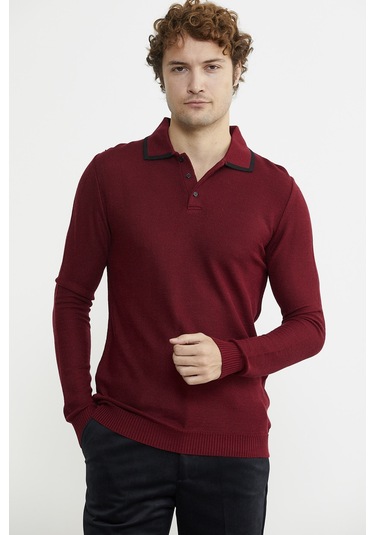 Polo Yaka Düğmeli Triko Kazak - Bordo 001