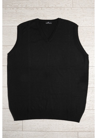 V Yaka Battal Büyük Boy Yünlü Kolsuz Triko Süveter Siyah