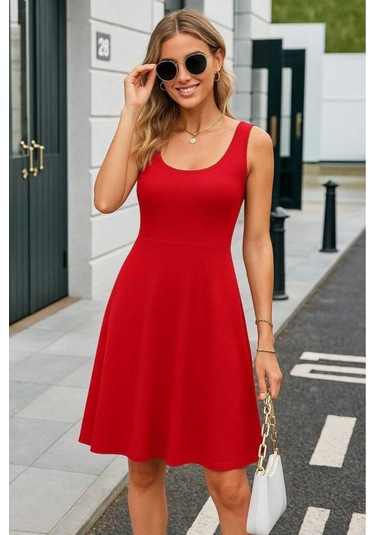 Askılı Yuvarlak Yaka Kısa Viskon Elbise Kırmızı Kırmızı