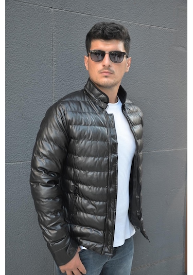 Prifaldi Erkek Dik Yaka Şişme Deri Mont Siyah 001