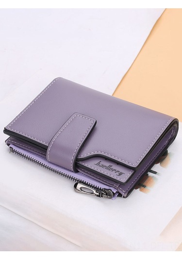 Dofolink Kadın Pu Deri Çift Katlı Cüzdan, 15 Kartlık, 3 Fotoğraf Bölmesi, Para Ve Zip Cebi, Basma Kapanma, Portatif Mor Renk N5013 Mor