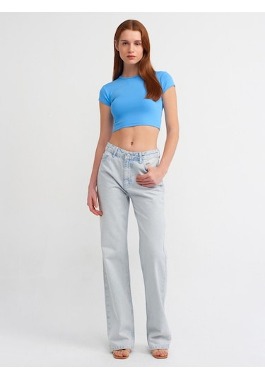 Dilvin Vücuda Oturan Likralı Crop Top-836 Mavi