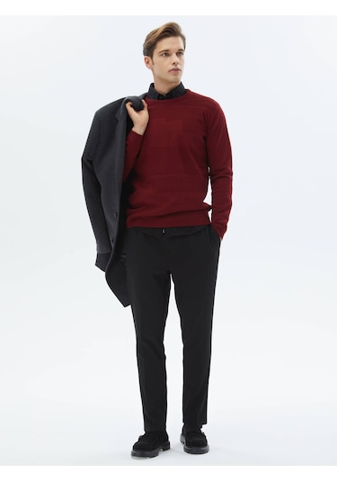 Kırmızı Bisiklet Yaka Jakarlı Yün Karışımlı Triko Kazak Kırmızı