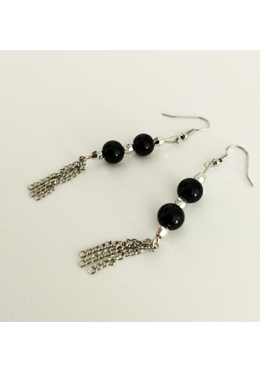 K209 Sallantılı Oniks Doğal Taşlı Küpe Gümüş - Siyah